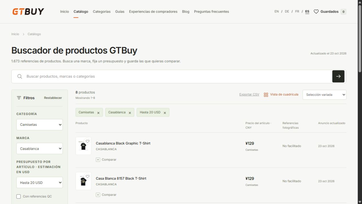 Vista de lista compacta y control Exportar CSV del catálogo filtrado