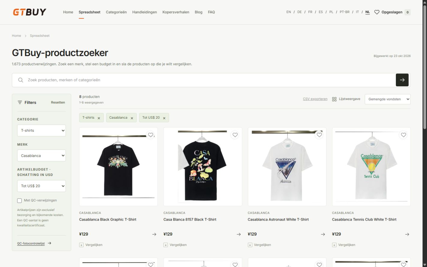 T-shirts met bronmerk en budget geselecteerd in de GTBuy spreadsheet